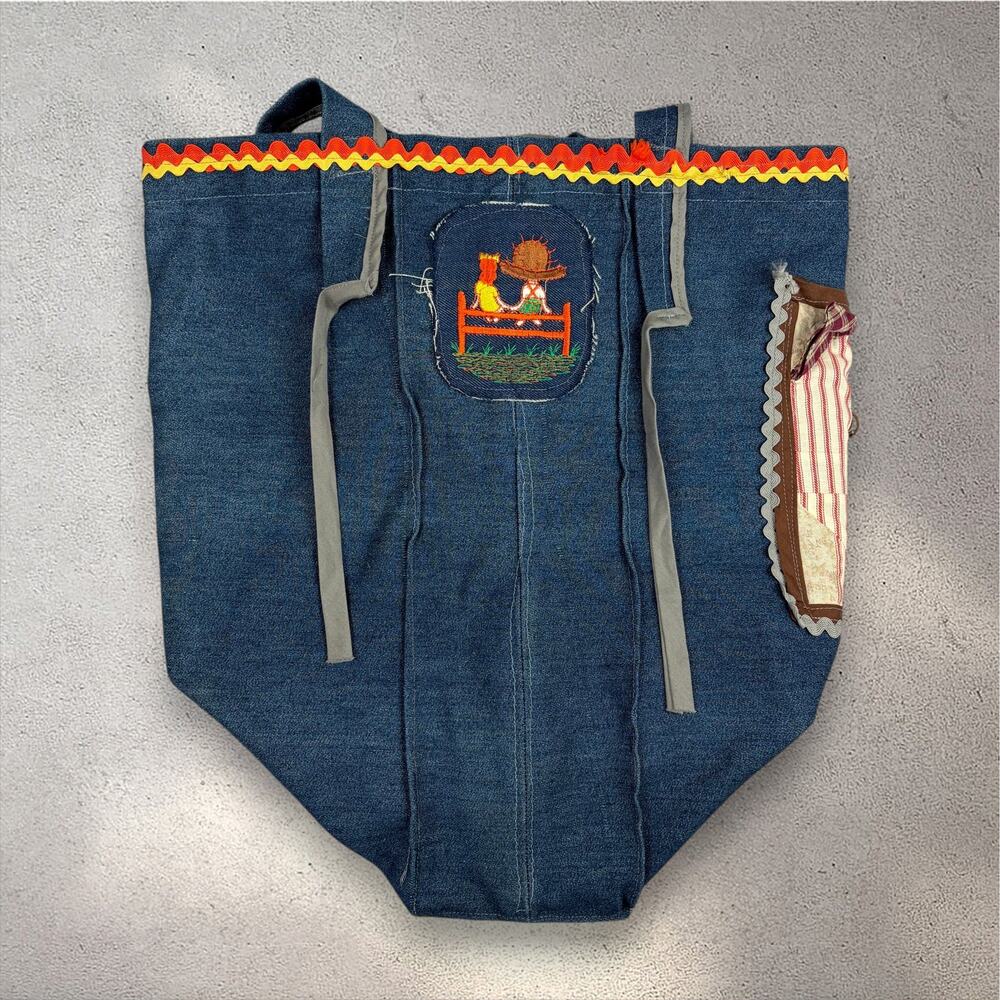 2000s Handmade Patchwork Denim Tote Bag Cottagecore Autumn Whimsy Thanksgiving - Picture 3 of 13